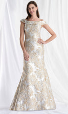 MGNY By Mori Lee 73181 - Ruffle Draped Back Metallic Brocade Gown