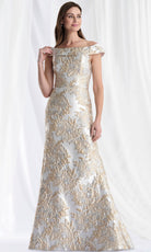 MGNY By Mori Lee 73181 - Ruffle Draped Back Metallic Brocade Gown
