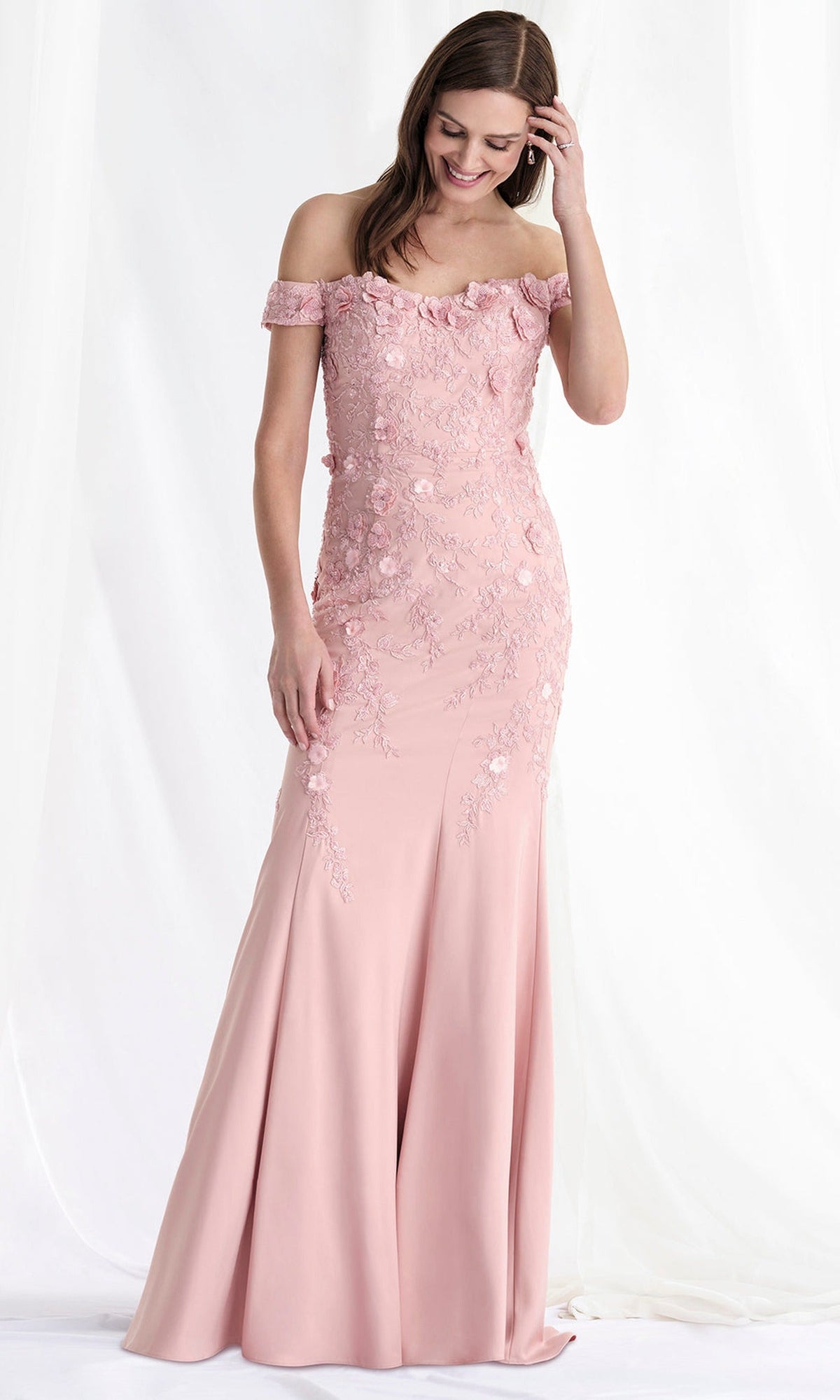 MGNY By Mori Lee 73184 - Off Shoulder Floral Embroidered Crepe Gown
