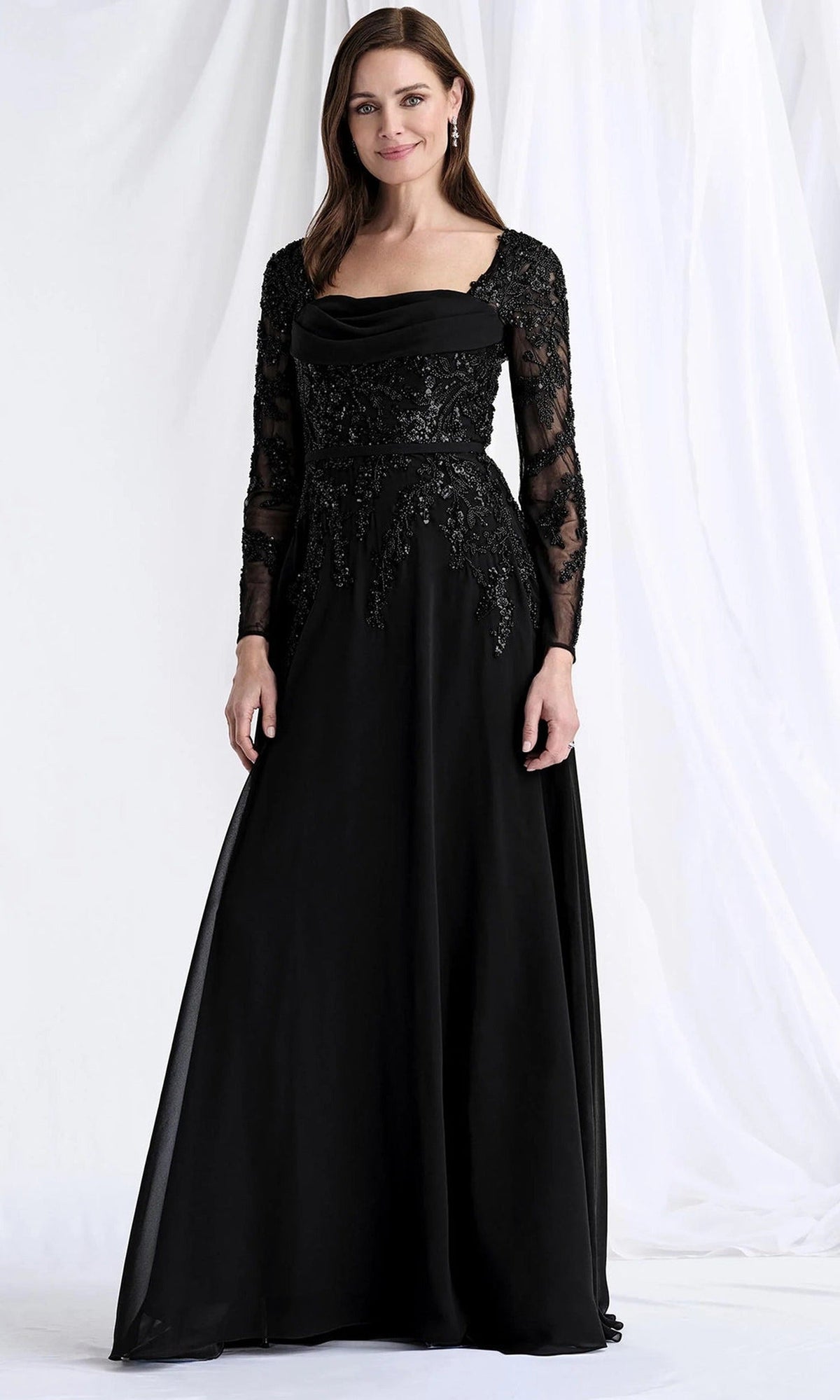 MGNY By Mori Lee 73185 - Beaded Applique Long Sleeve Formal Gown