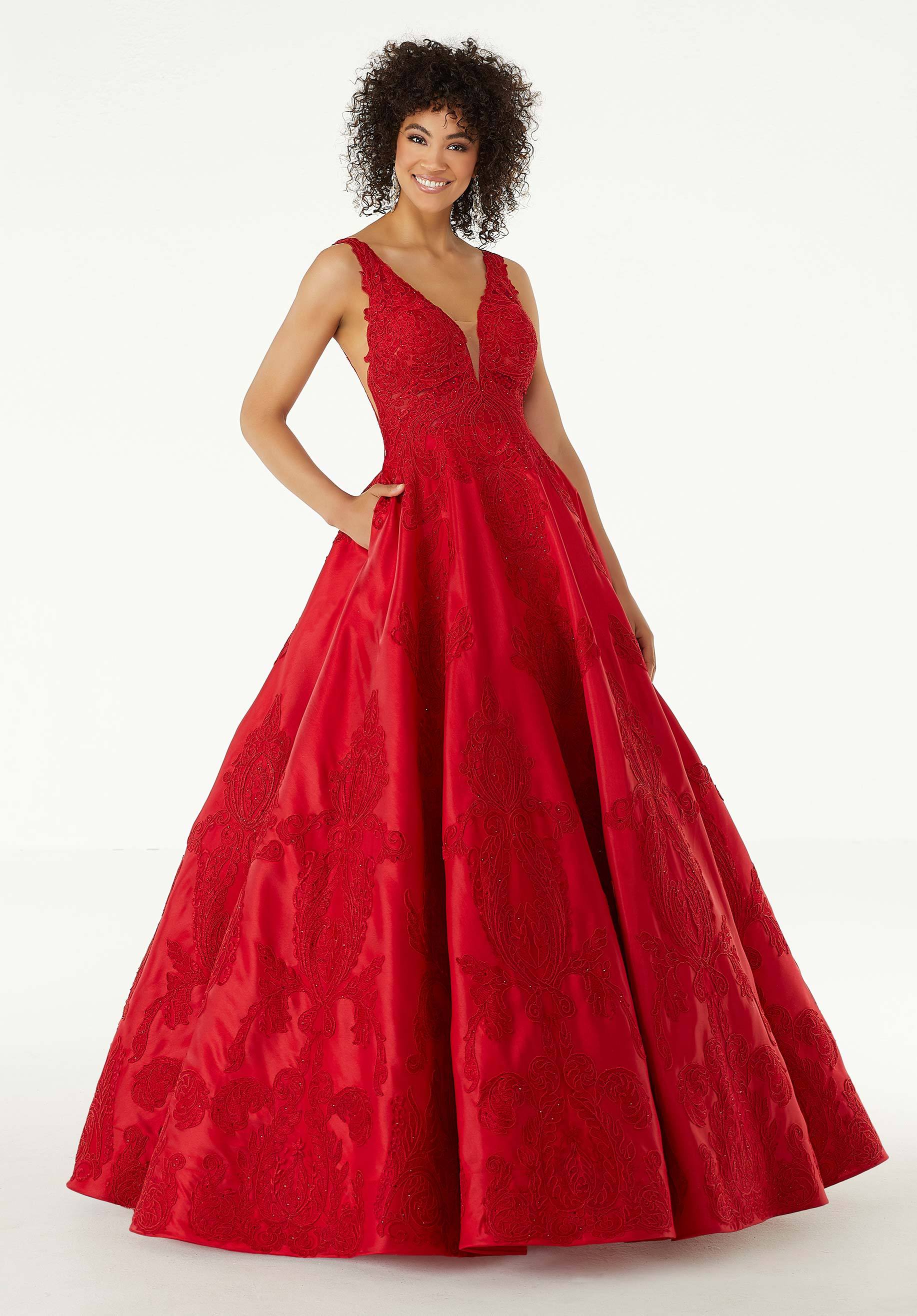 Mori Lee - 43089 Sleeveless V Neck Beaded Lace Appliques Satin Gown - designer prom dress at Silhouette Dresses