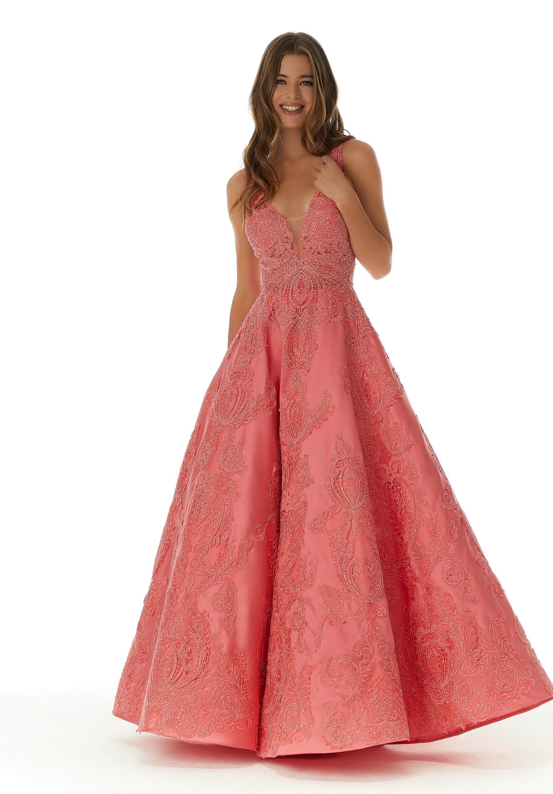 Mori Lee - 43089 Sleeveless V Neck Beaded Lace Appliques Satin Gown - view 14