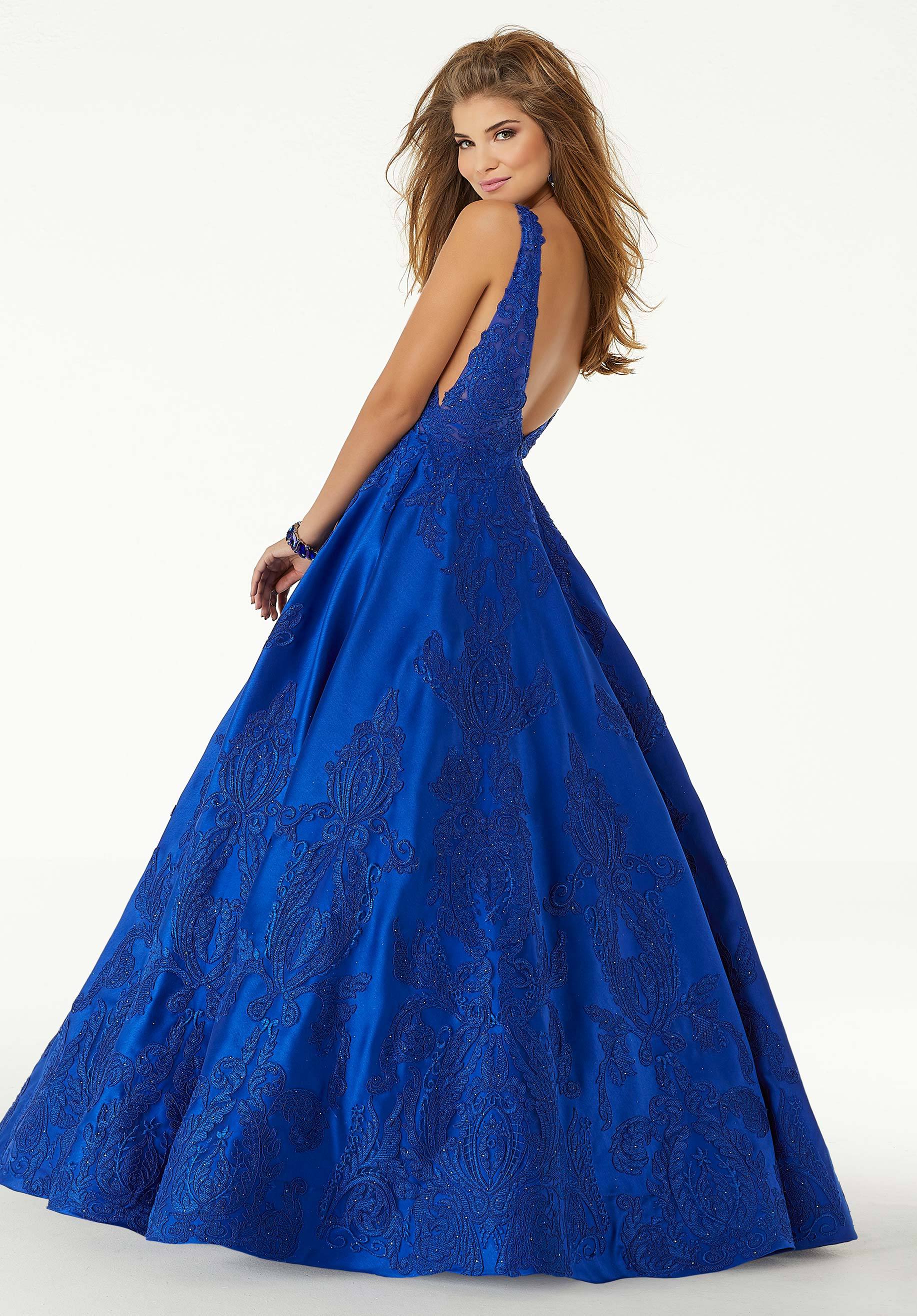 Mori Lee - 43089 Sleeveless V Neck Beaded Lace Appliques Satin Gown - detail view
