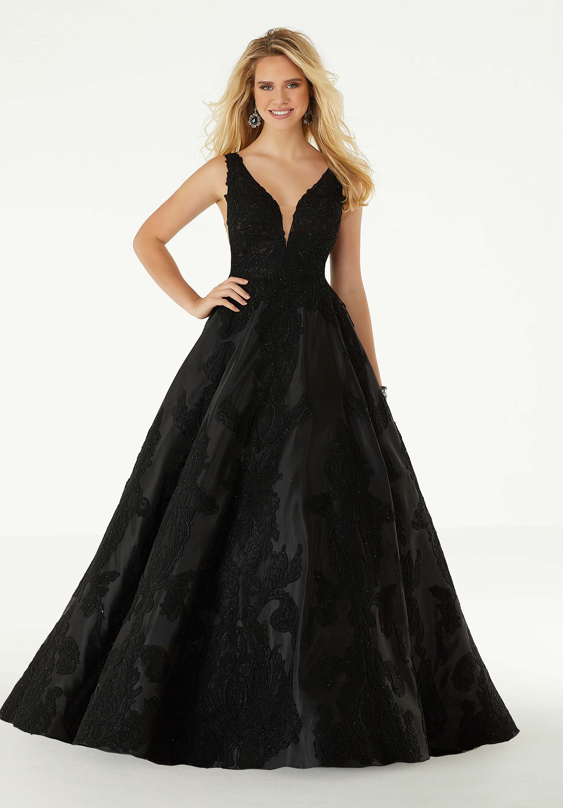 Mori Lee - 43089 Sleeveless V Neck Beaded Lace Appliques Satin Gown - view 7