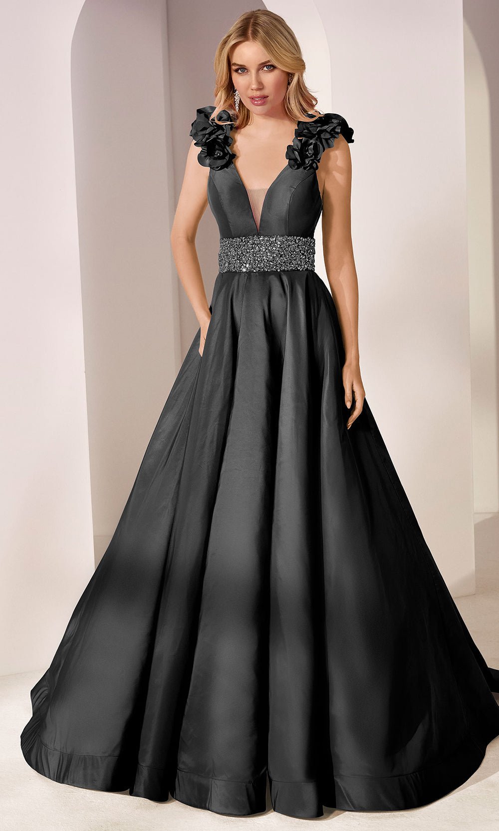 Mori Lee 49202 - Floral Shoulder Taffeta Prom Gown - Silhouette Dresses