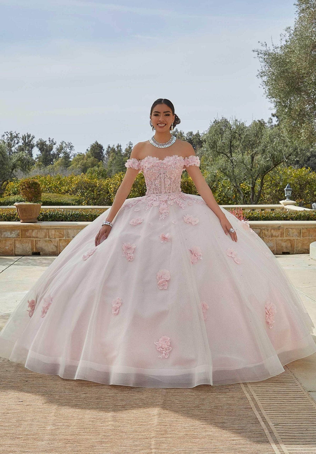 Mori Lee 60185 - Off Shoulder 3D Floral Appliqued Ballgown - view 7