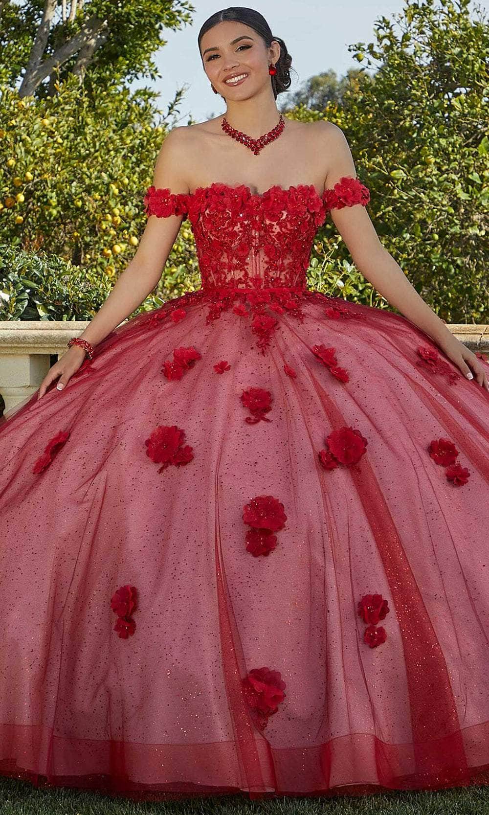 Mori Lee 60185 - Off Shoulder 3D Floral Appliqued Ballgown - detail view