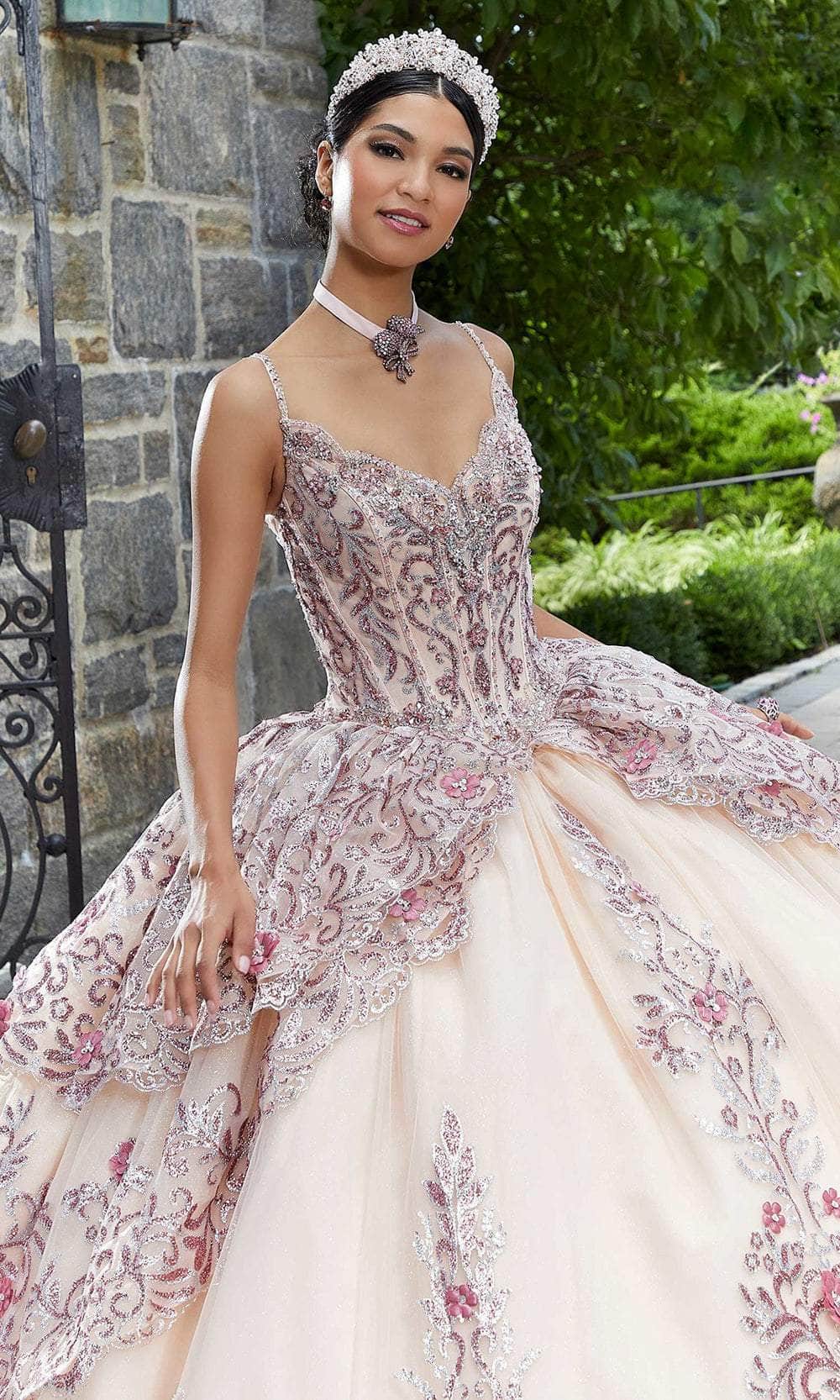 Mori Lee 89338 - Thin Strap Bedazzled Layered Gown - back view