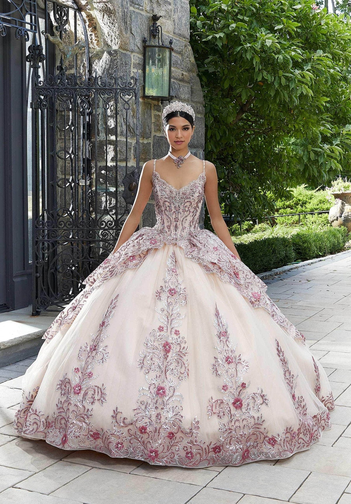 Mori Lee 89338 - Thin Strap Bedazzled Layered Gown - detail view