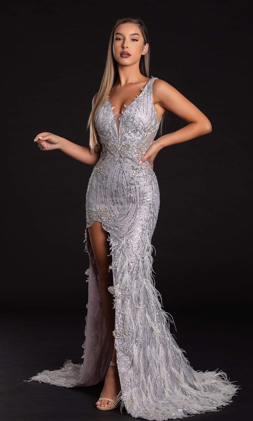 Portia and Scarlett - PS21228 Sequined Plunging V Neck Fringe Dress - view 5