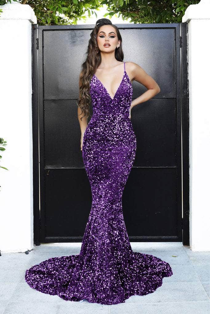 Portia and Scarlett - PS21235 V Neck Open Back Bedazzled Dress - detail view