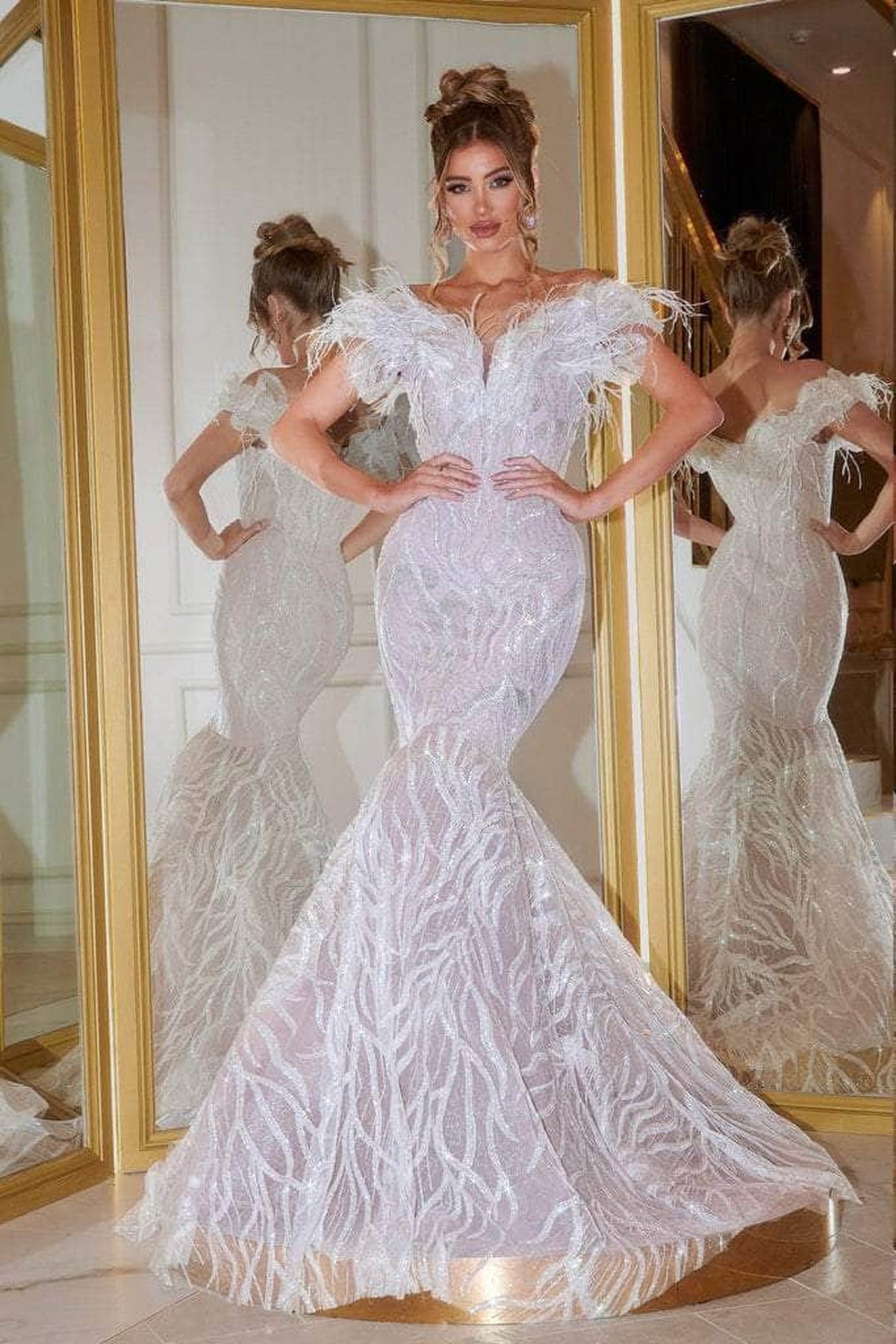 Portia and Scarlett - PS22227 Feather Fringe Embellished Mermaid Gown