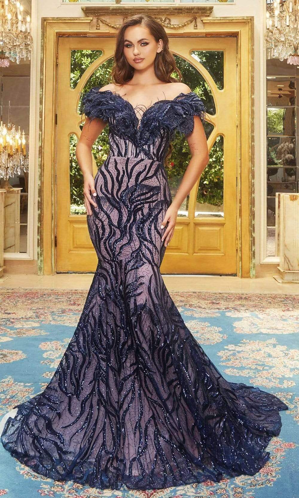 Portia and Scarlett - PS22227 Feather Fringe Embellished Mermaid Gown - Silhouette Dresses