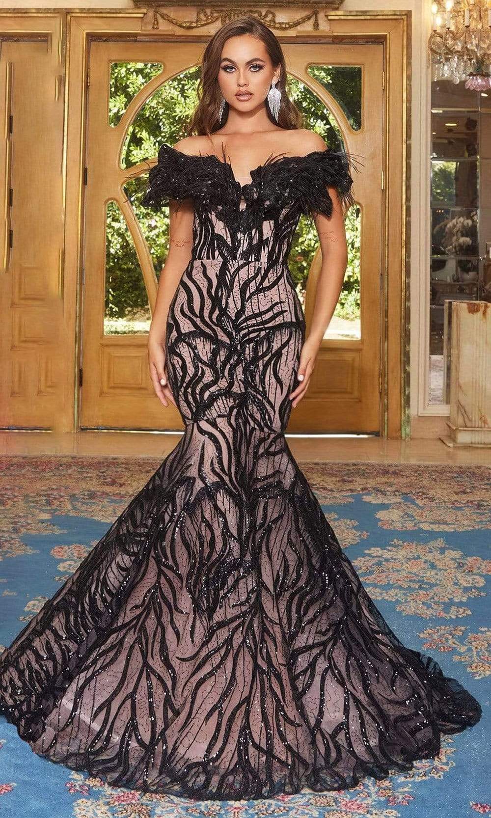 Portia and Scarlett - PS22227 Feather Fringe Embellished Mermaid Gown - Silhouette Dresses
