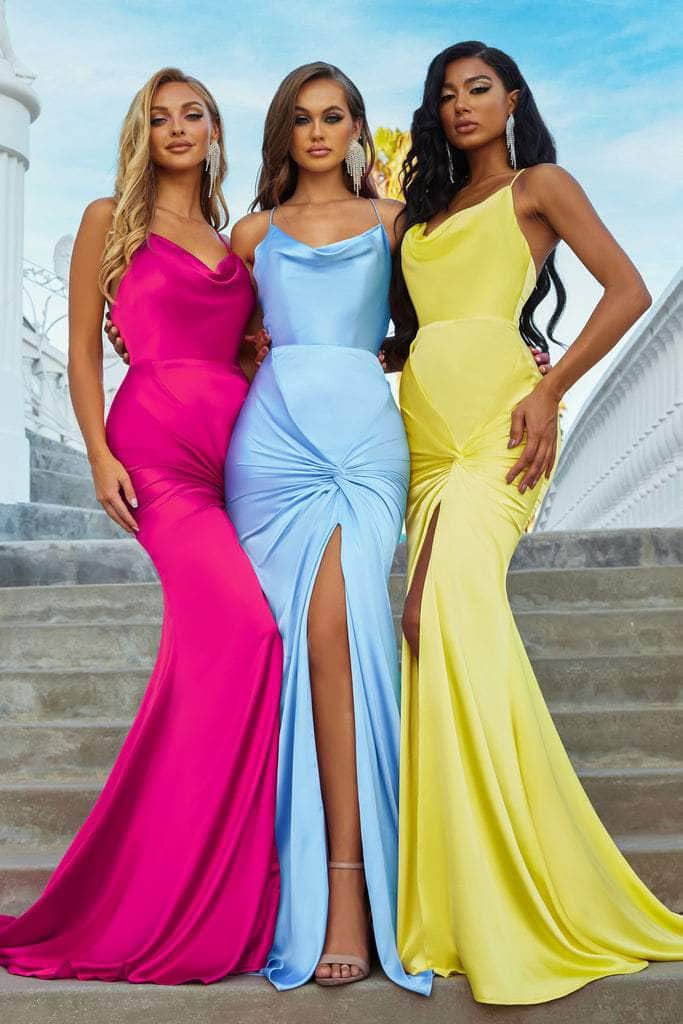 Portia and Scarlett - PS22385 Cowl Neckline Hight Slit Fitted Gown - detail view