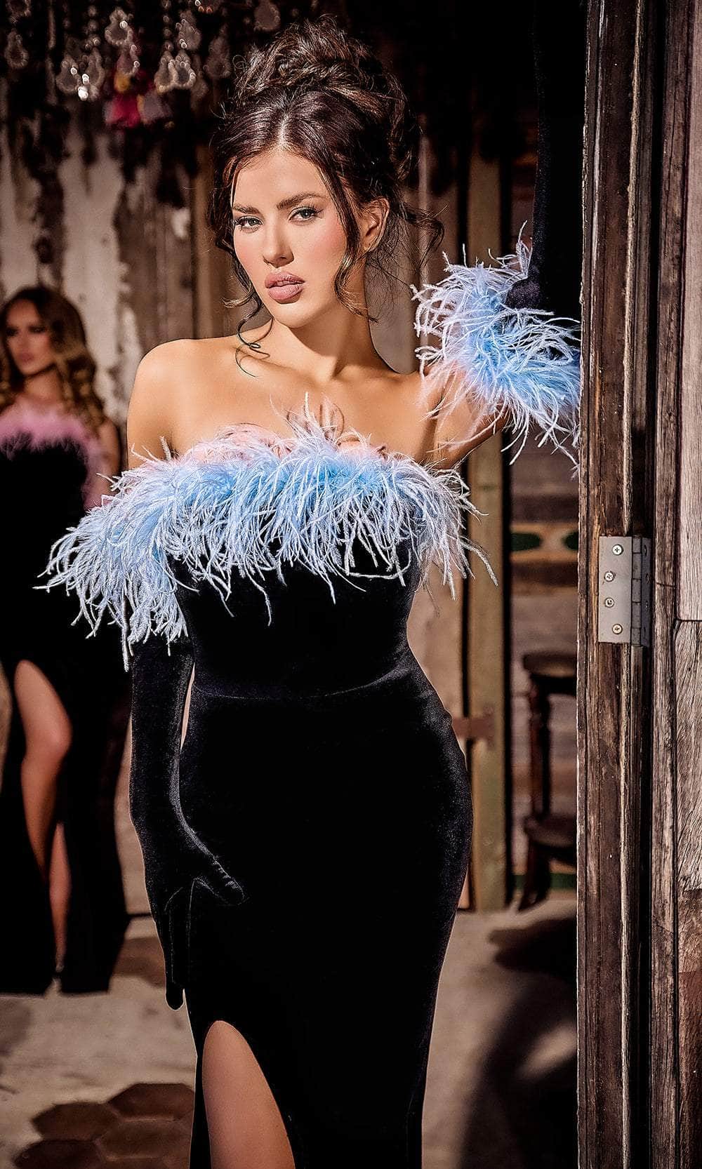Portia and Scarlett PS24049 - Feathered Velvet Prom Dress - detail view