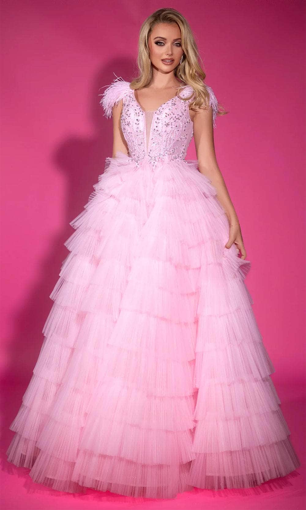 Portia and Scarlett PS25317 - Plunging Neck Feather Detailed Ballgown - designer formal gown at Silhouette Dresses