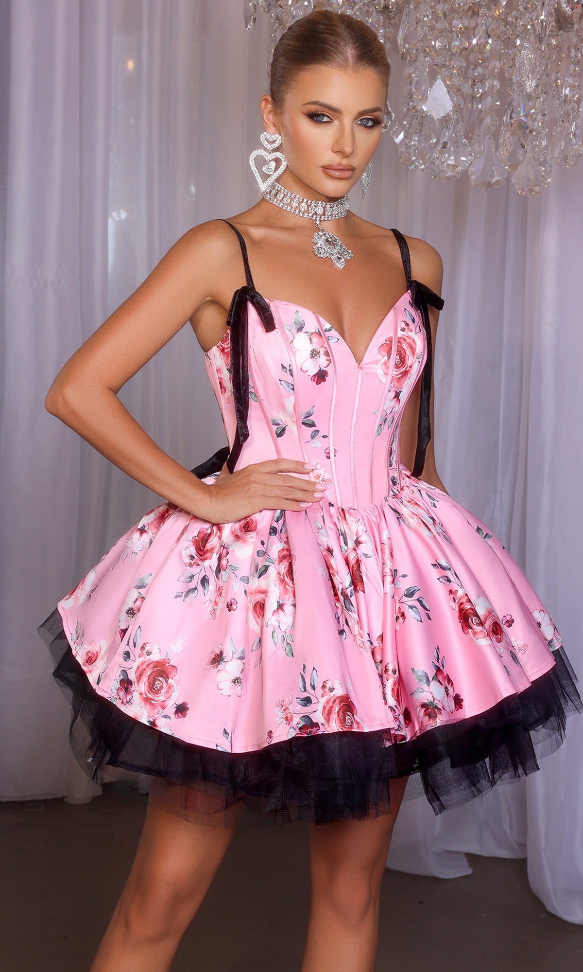 Portia and Scarlett PS25765 - Floral Print Corseted Mini Dress