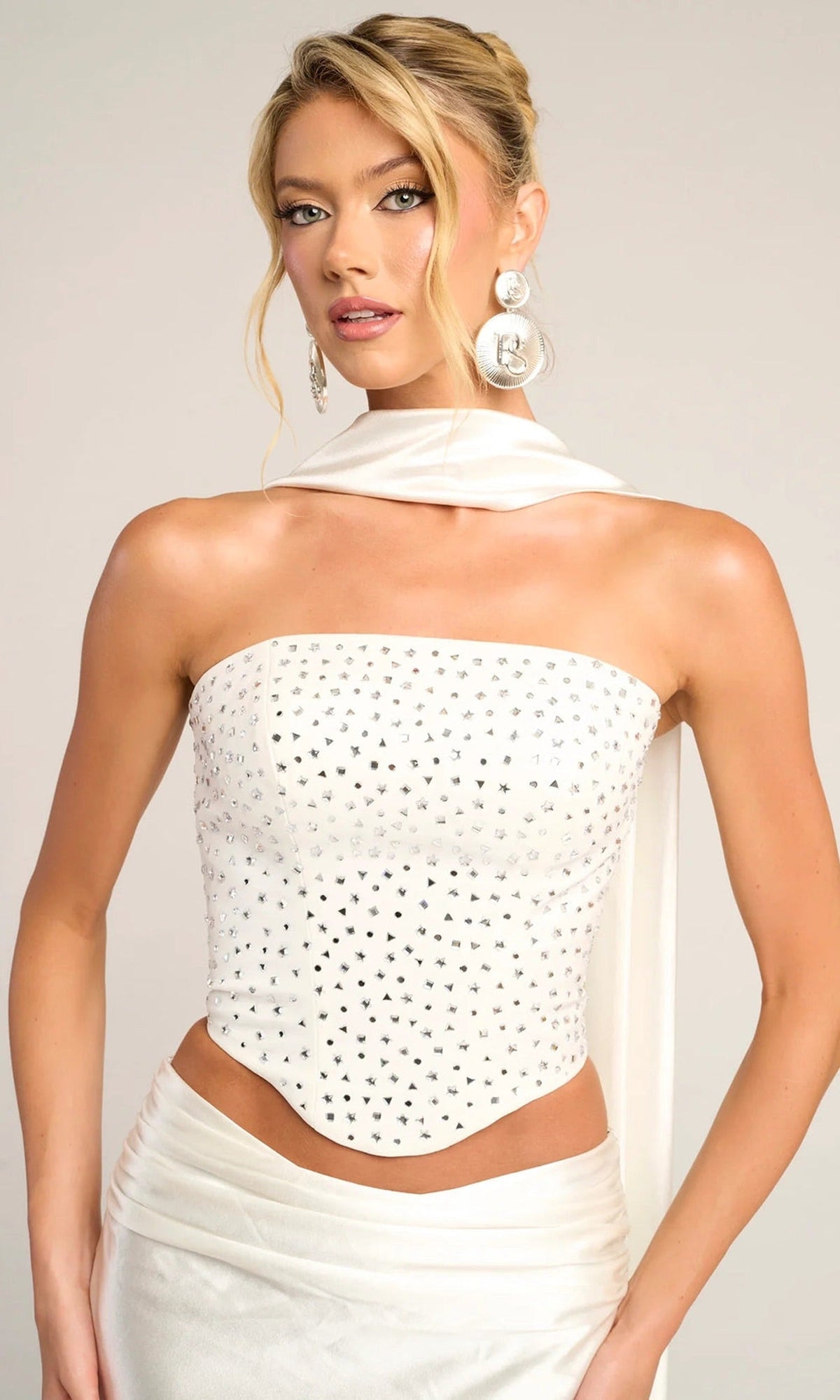 Portia and Scarlett PS26042 - Beaded Crop Top Sheath Dress With Scarf