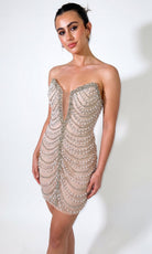 Portia and Scarlett PS26841C - Pearl Draped Plunging Sweetheart Dress - Silhouette Dresses