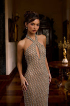 Portia and Scarlett PS26856C - Crisscross Halter Beaded Lattice Gown - Silhouette Dresses
