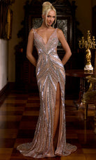 Portia and Scarlett PS26859C - Beaded V-Neck Evening Gown with Slit