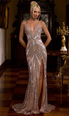 Portia and Scarlett PS26859C - Beaded V-Neck Evening Gown with Slit - Silhouette Dresses