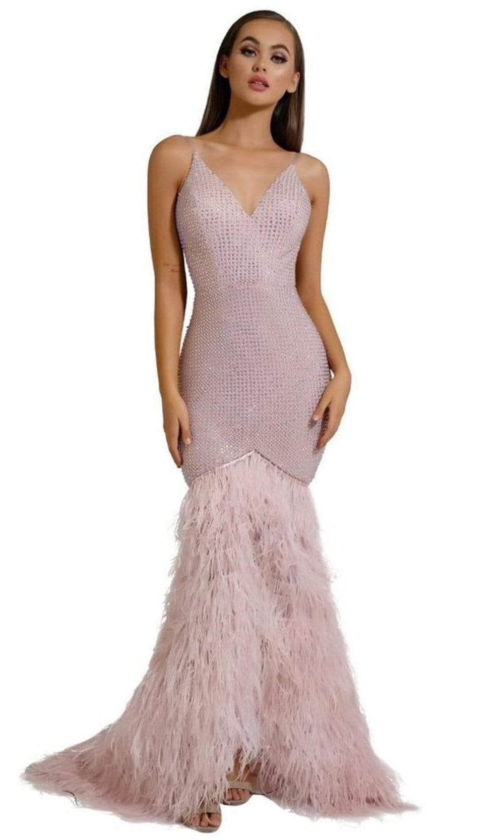 Portia and Scarlett - PS6826 V Neck Feathered Dress - designer prom dress at Silhouette Dresses