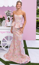 Portia and Scarlett XO184 - Metallic Jacquard Strapless Peplum Gown - Silhouette Dresses