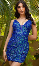 Primavera Couture - 3572 Sheer Plunge V-Neck Sequin Cocktail Dress