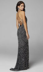 Primavera Couture - 3638 Lace-up Open Back Beaded High Slit Dress