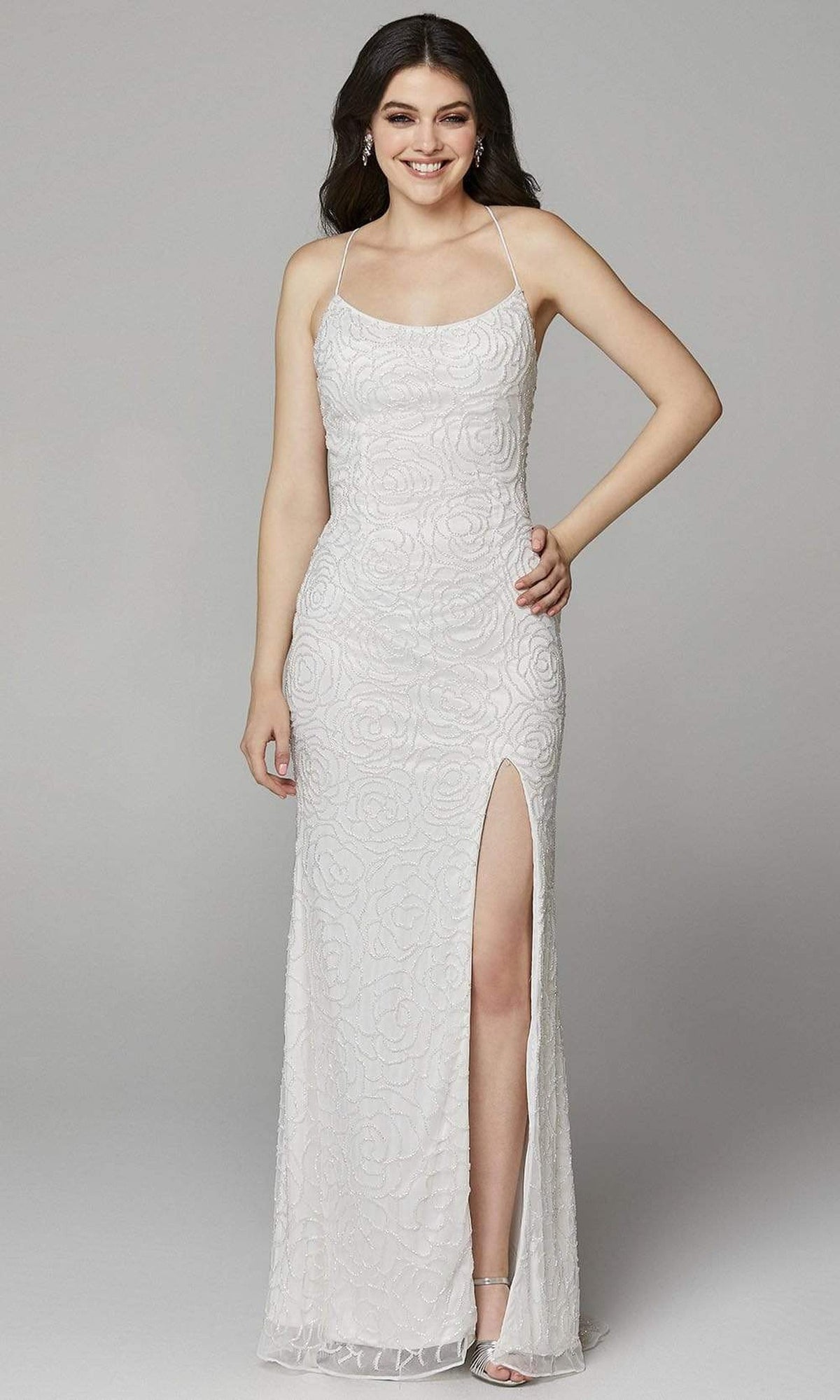 Primavera Couture - 3638 Lace-up Open Back Beaded High Slit Dress