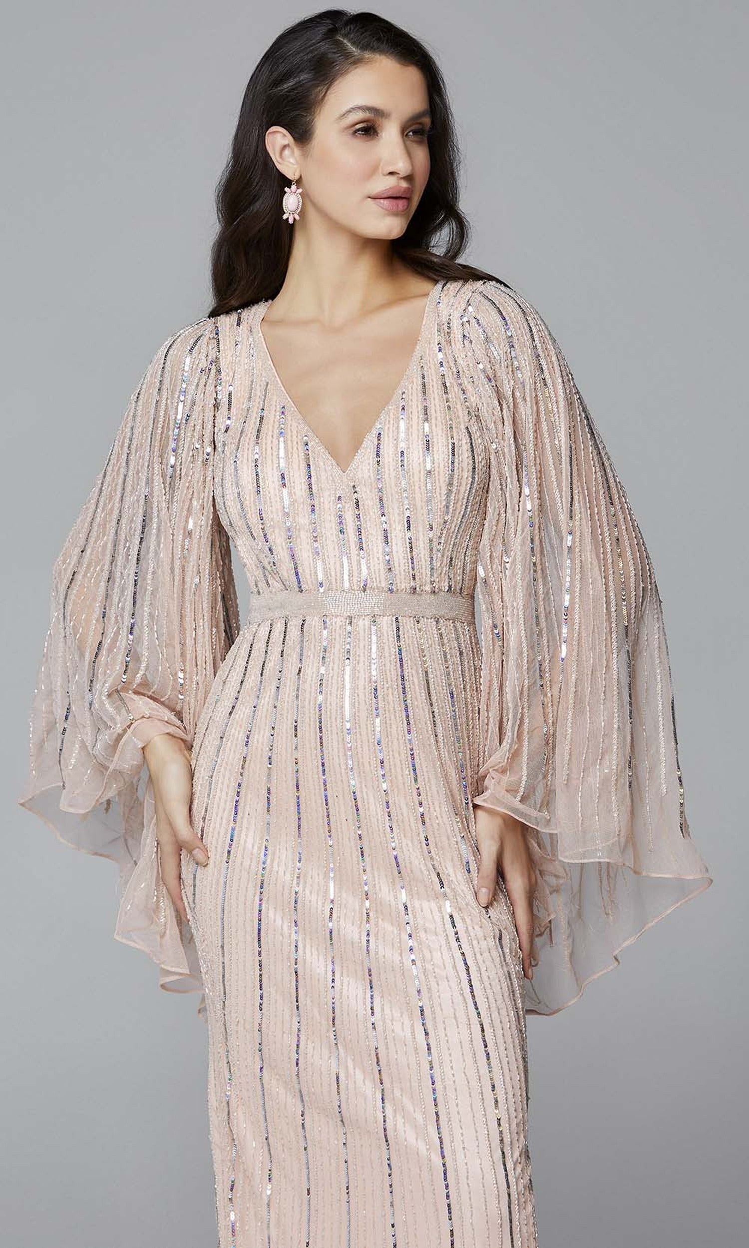 Primavera Couture - 3672 Sequined Long Bell Sleeve Sheath Dress