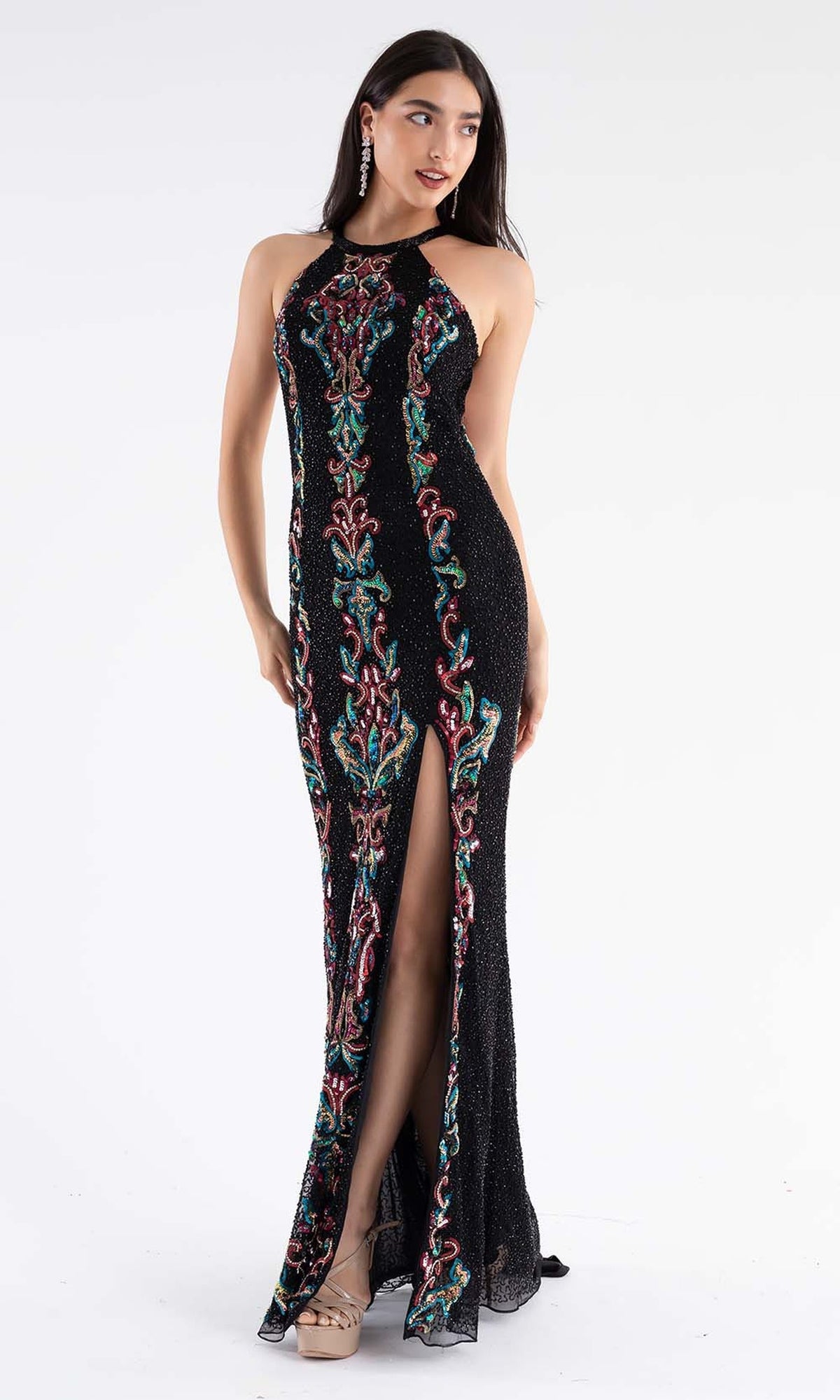 Primavera Couture - 3742 Halter Neckline Open Strappy Back Prom Dress