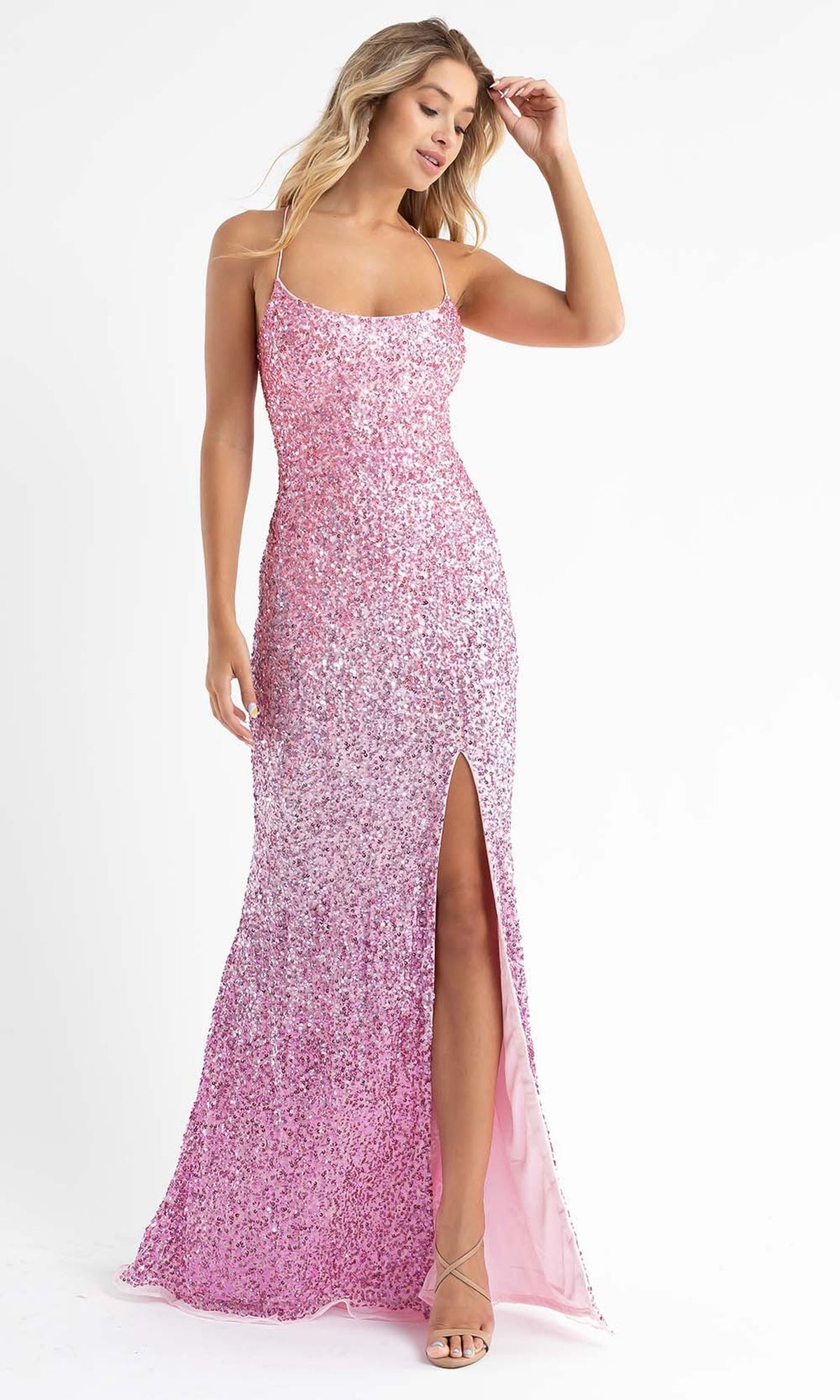 Primavera Couture - 3769 Fully Sequined Spaghetti Strap Lace Up Back Style Prom Dress