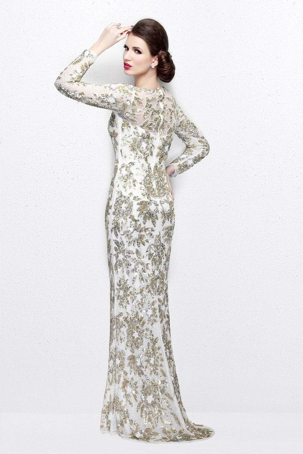 Primavera Couture - Long Sleeve Luxurious Floral Sequined Long Sheath Gown  1401