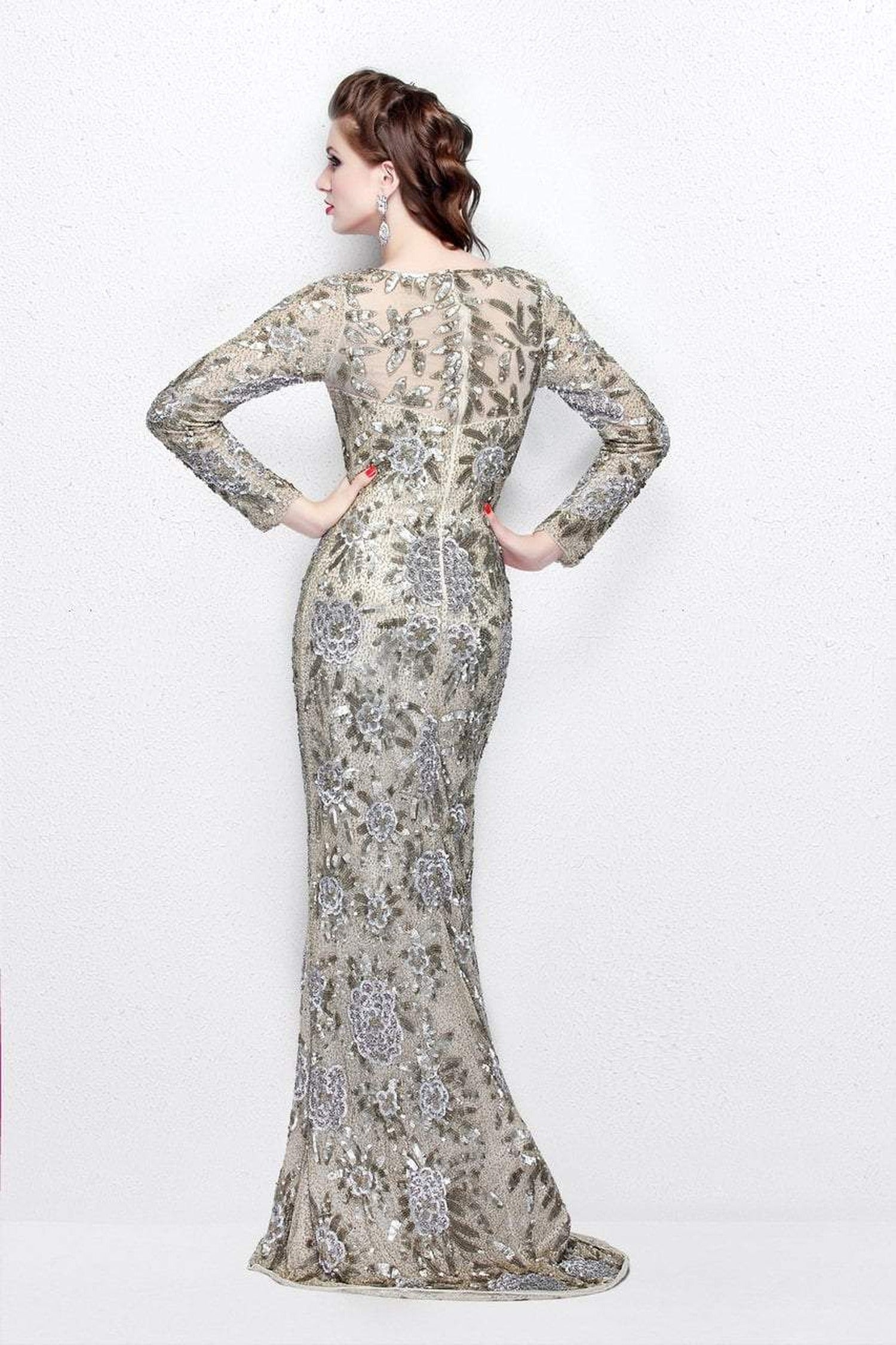Primavera Couture - Long Sleeve Luxurious Floral Sequined Long Sheath Gown  1401