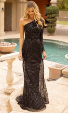 Primavera Couture 12025 - Asymmetrical Neck Column Gown - detail view