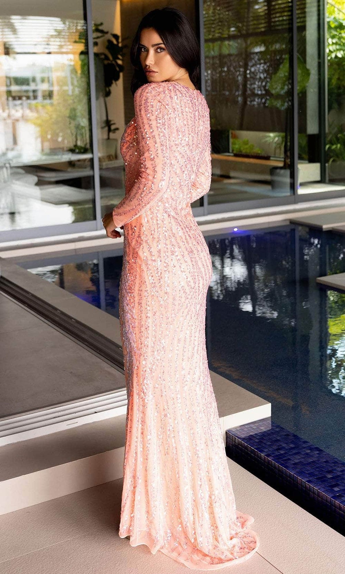 Primavera Couture 12117 - Sequin Embellished Long Sleeve Prom Dress