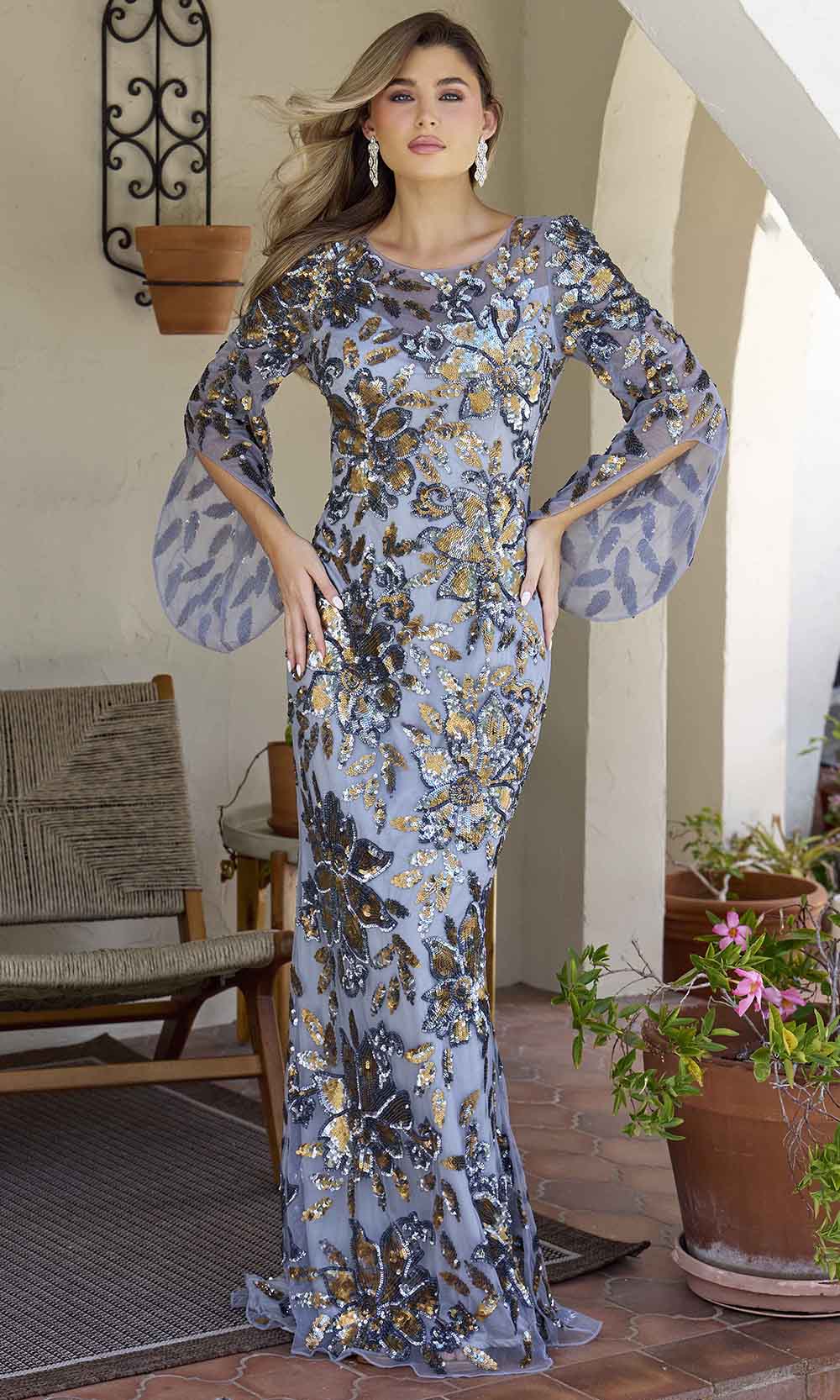 Primavera Couture 12171 - Long Sleeve Floral Sequin Prom Dress - view 7