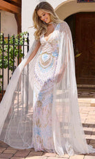 Primavera Couture 12176 - V-Neck Beaded Prom Dress with Cape - view 7