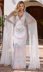 Primavera Couture 12176 - V-Neck Beaded Prom Dress with Cape - view 5