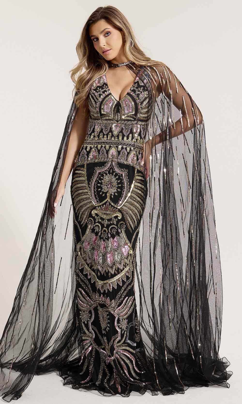 Primavera Couture 12177 - V-Neck Sequined Sheath Evening Gown - detail view