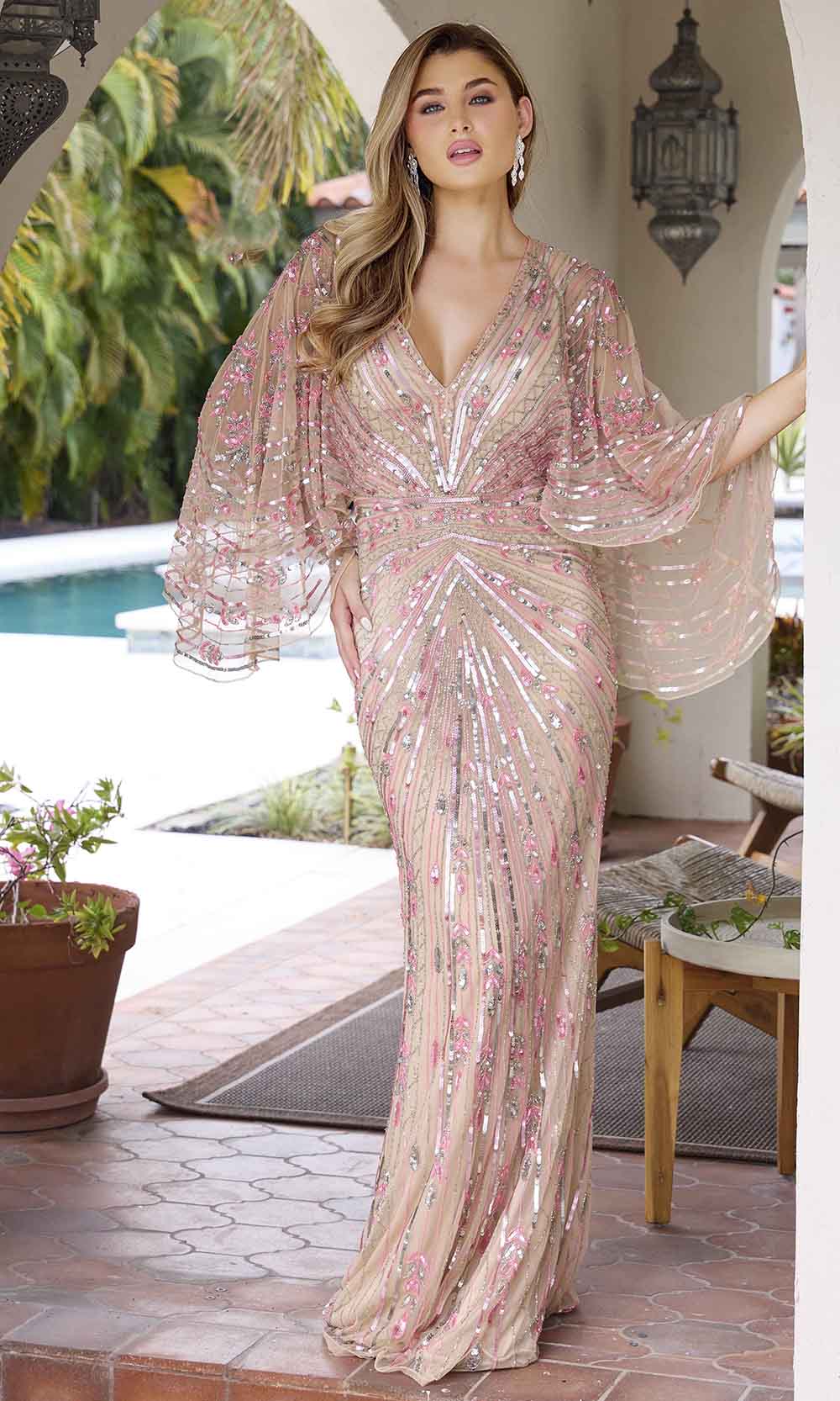 Primavera Couture 12189 - V-Neck Cape Sleeve Sequin Evening Gown - back view