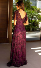 Primavera Couture 13124 - Beaded Flutter Sleeve Evening Dress - back view