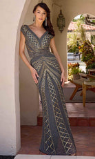 Primavera Couture 13135 - Beaded Lattice Cap Sleeve Evening Dress - detail view