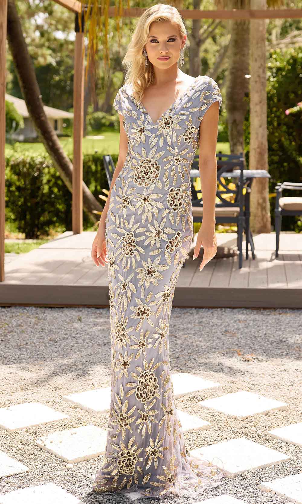 Primavera Couture 13137 - Short Sleeve Sequin with V-Back Evening Gown - detail view