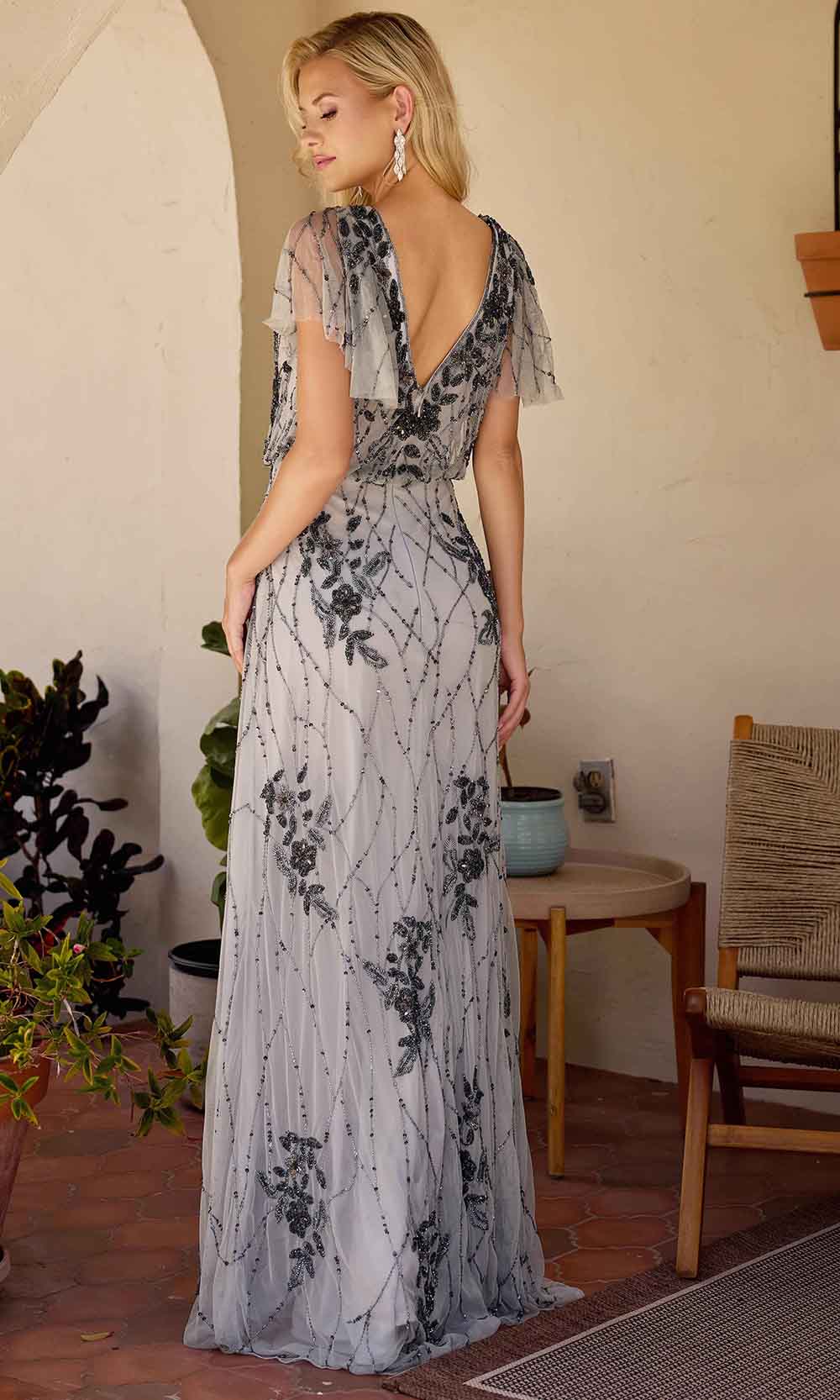 Primavera Couture 13144 - Flutter Sleeve Floral Beaded Evening Dress - back view