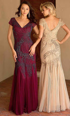Primavera Couture 13148 - V-Neck Beaded Short Sleeve Evening Gown