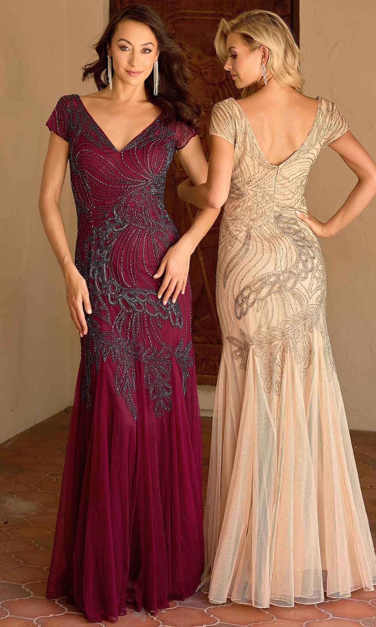 Primavera Couture 13148 - V-Neck Beaded Short Sleeve Evening Gown